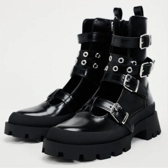Zara Black Combat Moto Boots - Picture 1 of 12